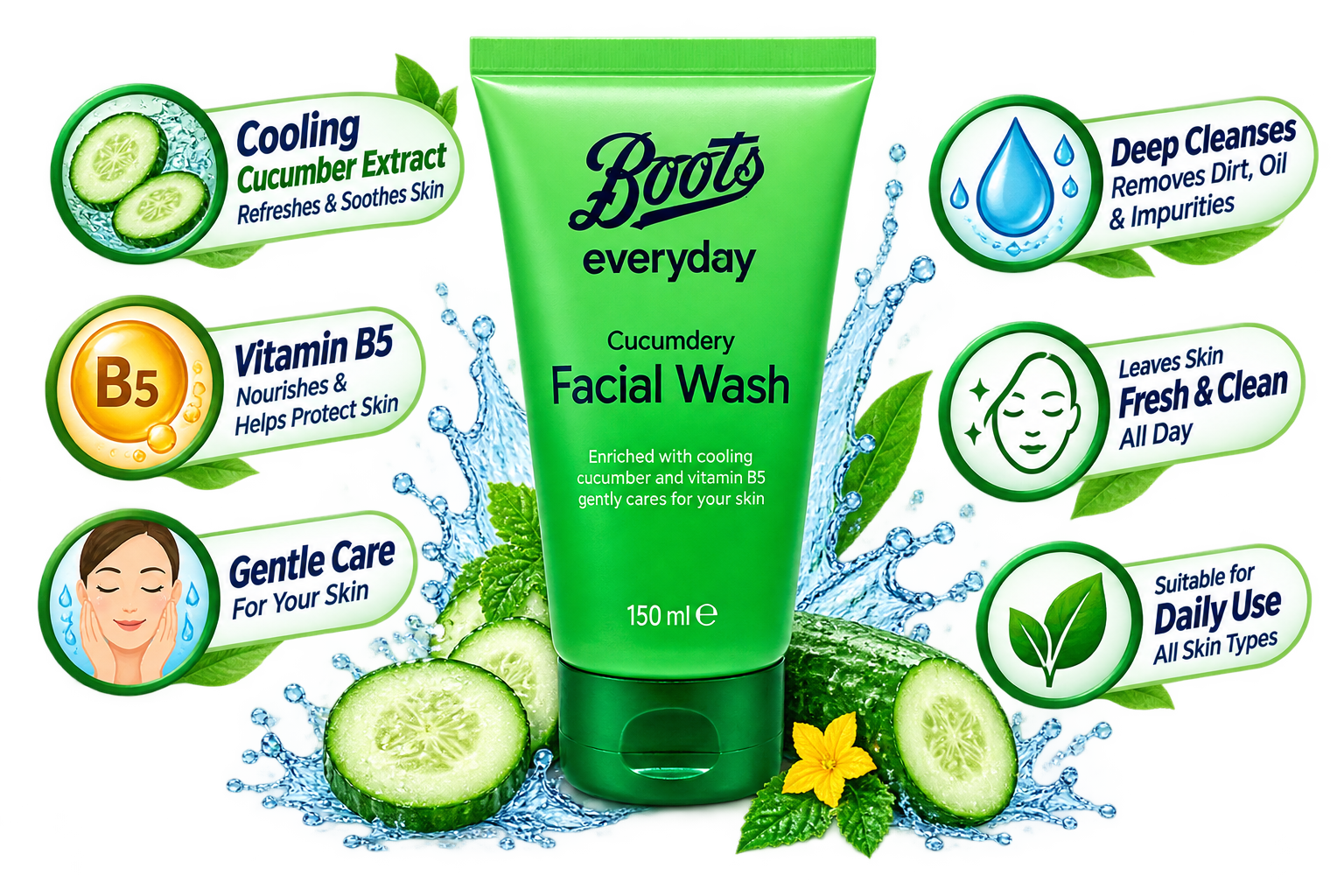 BOOTS EVERYDAY CUCUMBER FACIAL WASH - 150ML - Image 2